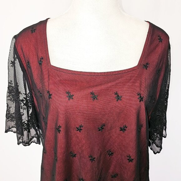 Black Lace over Red Women's Blouse - Picture 2 of 4